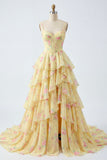 Yellow A Line Corset Floral Ruffled Long Prom Dress with Slit