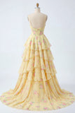 Yellow A Line Corset Floral Ruffled Long Prom Dress with Slit