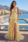 Yellow A Line Corset Floral Ruffled Long Prom Dress with Slit
