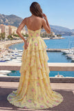 Yellow A Line Corset Floral Ruffled Long Prom Dress with Slit