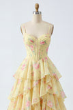 Yellow A Line Corset Floral Ruffled Long Prom Dress with Slit