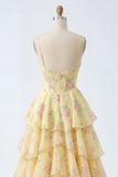 Yellow A Line Corset Floral Ruffled Long Prom Dress with Slit