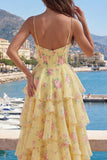 Yellow A Line Corset Floral Ruffled Long Prom Dress with Slit