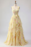Yellow Floral V-Neck Ruffled A Line Long Prom Dress with Bow