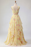 Yellow Floral V-Neck Ruffled A Line Long Prom Dress with Bow