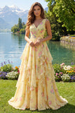 Yellow Floral V-Neck Ruffled A Line Long Prom Dress with Bow