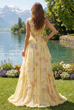 Yellow Floral V-Neck Ruffled A Line Long Prom Dress with Bow