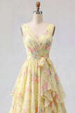 Yellow Floral V-Neck Ruffled A Line Long Prom Dress with Bow