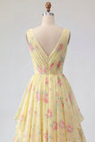 Yellow Floral V-Neck Ruffled A Line Long Prom Dress with Bow