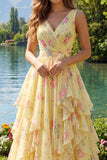 Yellow Floral V-Neck Ruffled A Line Long Prom Dress with Bow