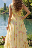 Yellow Floral V-Neck Ruffled A Line Long Prom Dress with Bow