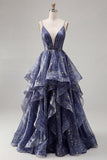 Dusty Blue A Line Ruffled Spaghetti Straps Long Prom Dress