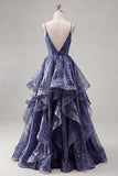 Dusty Blue A Line Ruffled Spaghetti Straps Long Prom Dress