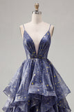 Dusty Blue A Line Ruffled Spaghetti Straps Long Prom Dress