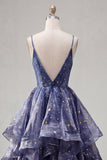 Dusty Blue A Line Ruffled Spaghetti Straps Long Prom Dress