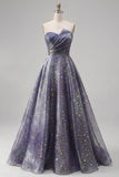 Sweetheart A Line Dusty Blue Printed Long Prom Dress