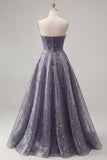 Sweetheart A Line Dusty Blue Printed Long Prom Dress