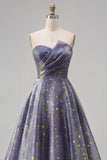 Sweetheart A Line Dusty Blue Printed Long Prom Dress