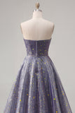 Sweetheart A Line Dusty Blue Printed Long Prom Dress