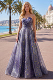 Sweetheart A Line Dusty Blue Printed Long Prom Dress