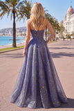 Sweetheart A Line Dusty Blue Printed Long Prom Dress