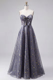 Dusty Blue A-Line Sweetheart Printed Long Prom Dress with Bow