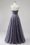 Dusty Blue A-Line Sweetheart Printed Long Prom Dress with Bow