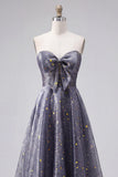 Dusty Blue A-Line Sweetheart Printed Long Prom Dress with Bow