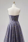 Dusty Blue A-Line Sweetheart Printed Long Prom Dress with Bow