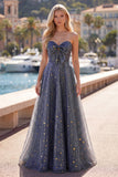 Dusty Blue A-Line Sweetheart Printed Long Prom Dress with Bow