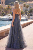 Dusty Blue A-Line Sweetheart Printed Long Prom Dress with Bow