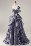 One Shoulder Dusty Blue A Line Ruffled Long Prom Dress with Bow