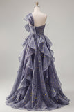 One Shoulder Dusty Blue A Line Ruffled Long Prom Dress with Bow
