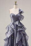 One Shoulder Dusty Blue A Line Ruffled Long Prom Dress with Bow