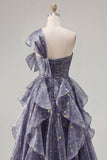 One Shoulder Dusty Blue A Line Ruffled Long Prom Dress with Bow