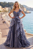 One Shoulder Dusty Blue A Line Ruffled Long Prom Dress with Bow