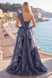 One Shoulder Dusty Blue A Line Ruffled Long Prom Dress with Bow