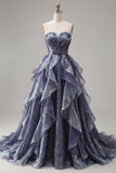 Sweetheart Dusty Blue Pleated A Line Long Prom Dress with Ruffles