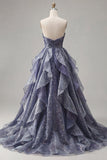 Sweetheart Dusty Blue Pleated A Line Long Prom Dress with Ruffles