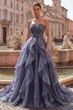 Sweetheart Dusty Blue Pleated A Line Long Prom Dress with Ruffles