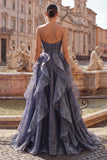 Sweetheart Dusty Blue Pleated A Line Long Prom Dress with Ruffles