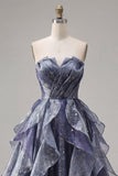 Sweetheart Dusty Blue Pleated A Line Long Prom Dress with Ruffles