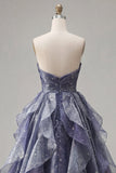 Sweetheart Dusty Blue Pleated A Line Long Prom Dress with Ruffles