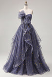 Dusty Blue Strapless Bowed A Line Long Prom Dress with Ruffles