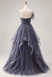 Dusty Blue Strapless Bowed A Line Long Prom Dress with Ruffles