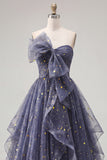 Dusty Blue Strapless Bowed A Line Long Prom Dress with Ruffles