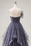Dusty Blue Strapless Bowed A Line Long Prom Dress with Ruffles
