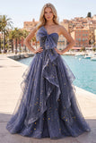 Dusty Blue Strapless Bowed A Line Long Prom Dress with Ruffles