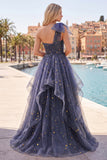 Dusty Blue Strapless Bowed A Line Long Prom Dress with Ruffles