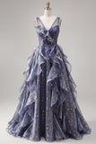 Elegant Dusty Blue A Line V-Neck Long Prom Dress with Ruffles